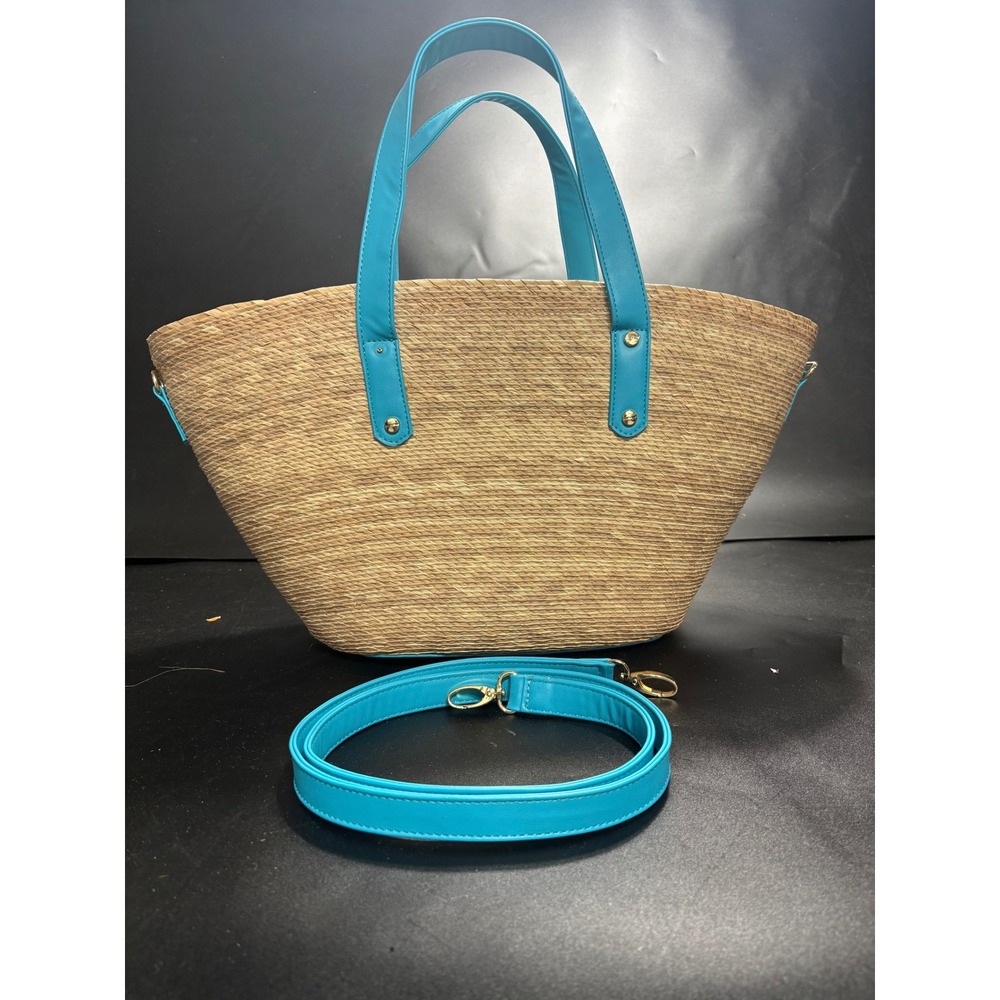 By Del Rio Woven Straw Tote Bag Turquoise Blue Trim Crossbody Strap Sustainable
